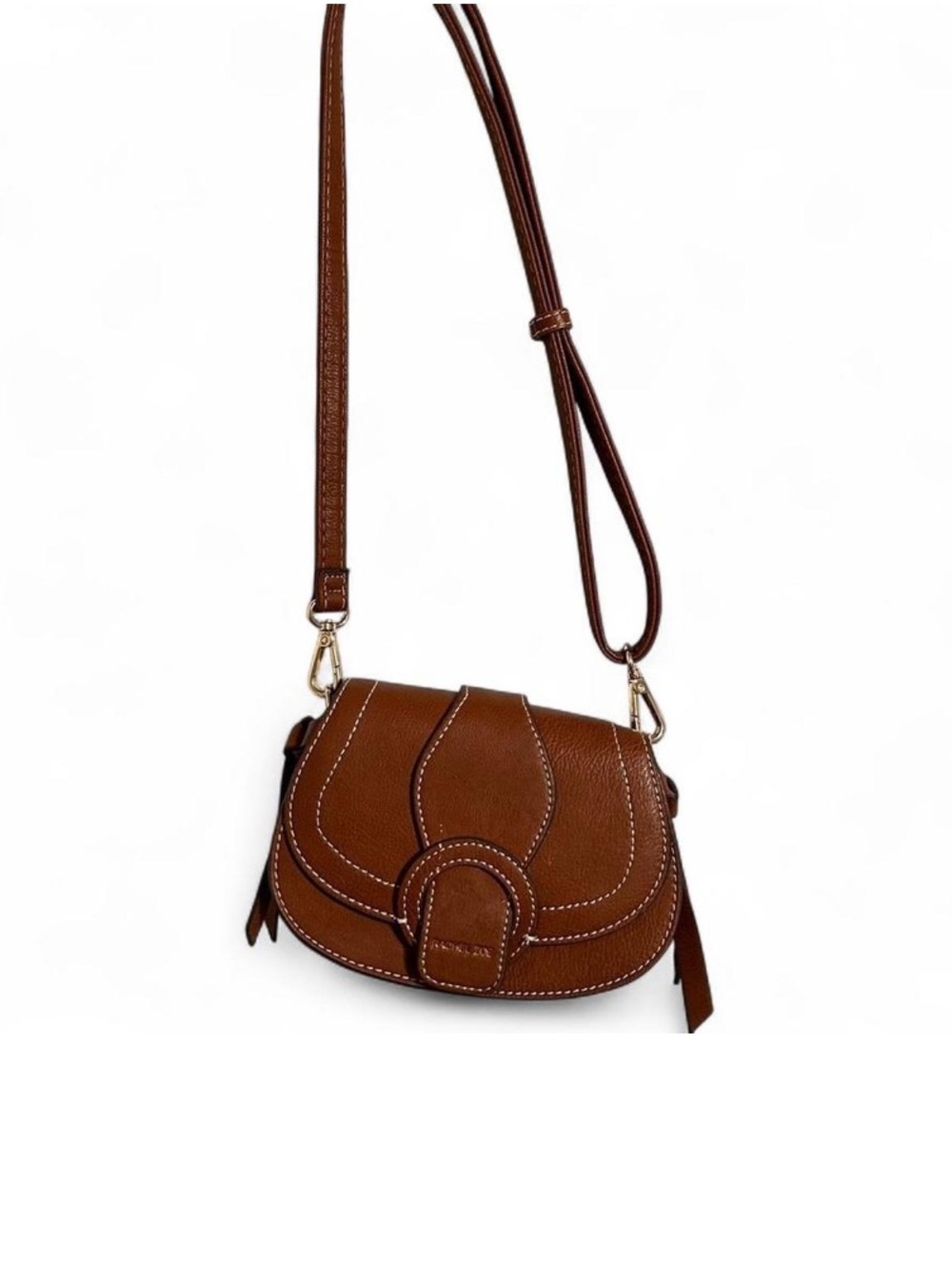 Rachel Zoe Brown Leather Crossbody Saddle Bag with Contrast Stitching